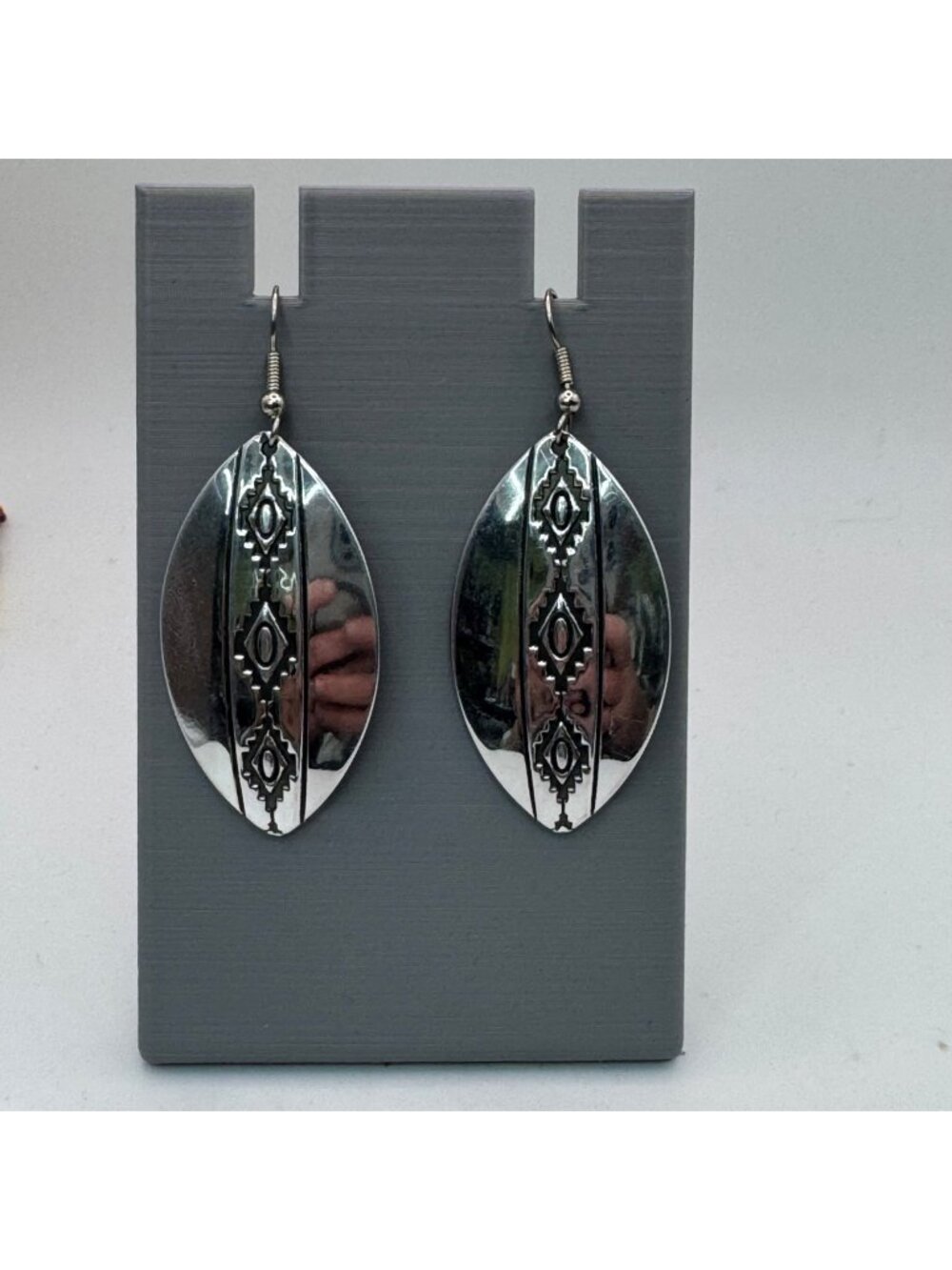 Large Stering Silver Oval Drop Earrings Engraved Tribal Patterns Vintage Estate